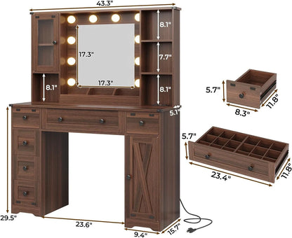 DICTAC Farmhouse Makeup Vanity Desk with Mirror and Lights, Large Vanity Table with Charging Station, 43'' Bedroom Dressing Table with 6 Drawers & 2 Cabinets, 3 Color Lighting Modes, Brown