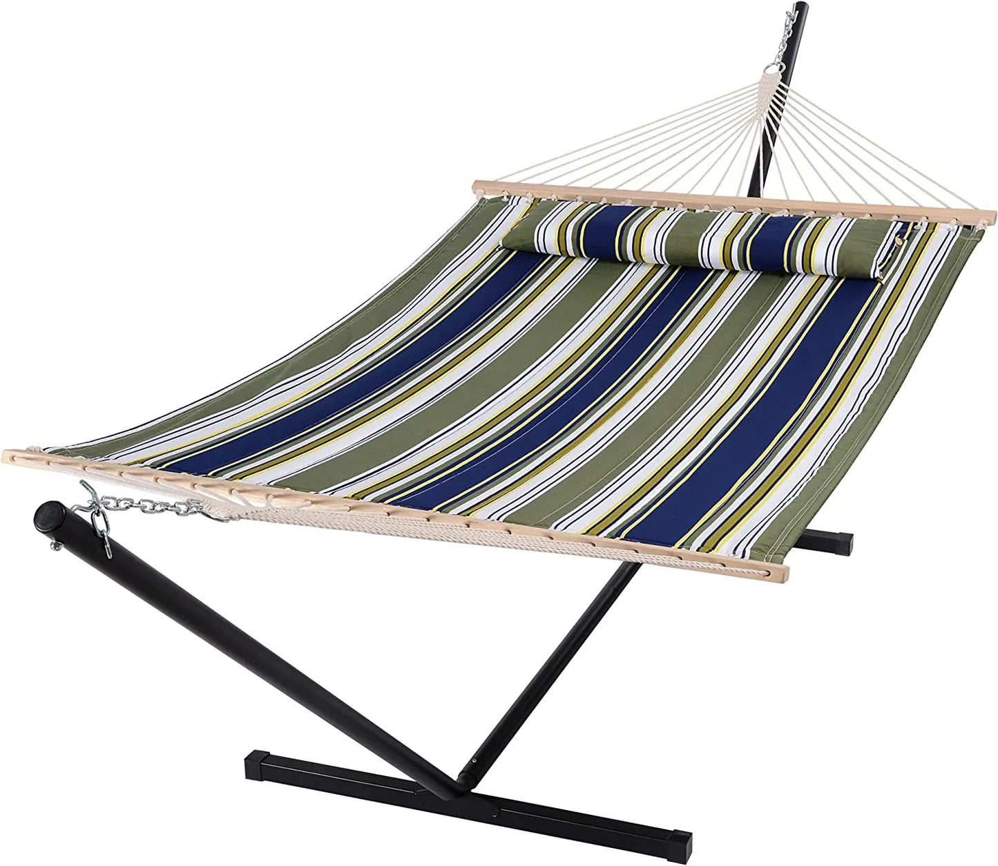 55 Inch Extra Large Double Hammock with Stand, 475lbs Capacity, Outdoor Portable Hammock with Hardwood Spreader Bar, Extra Large Pillow