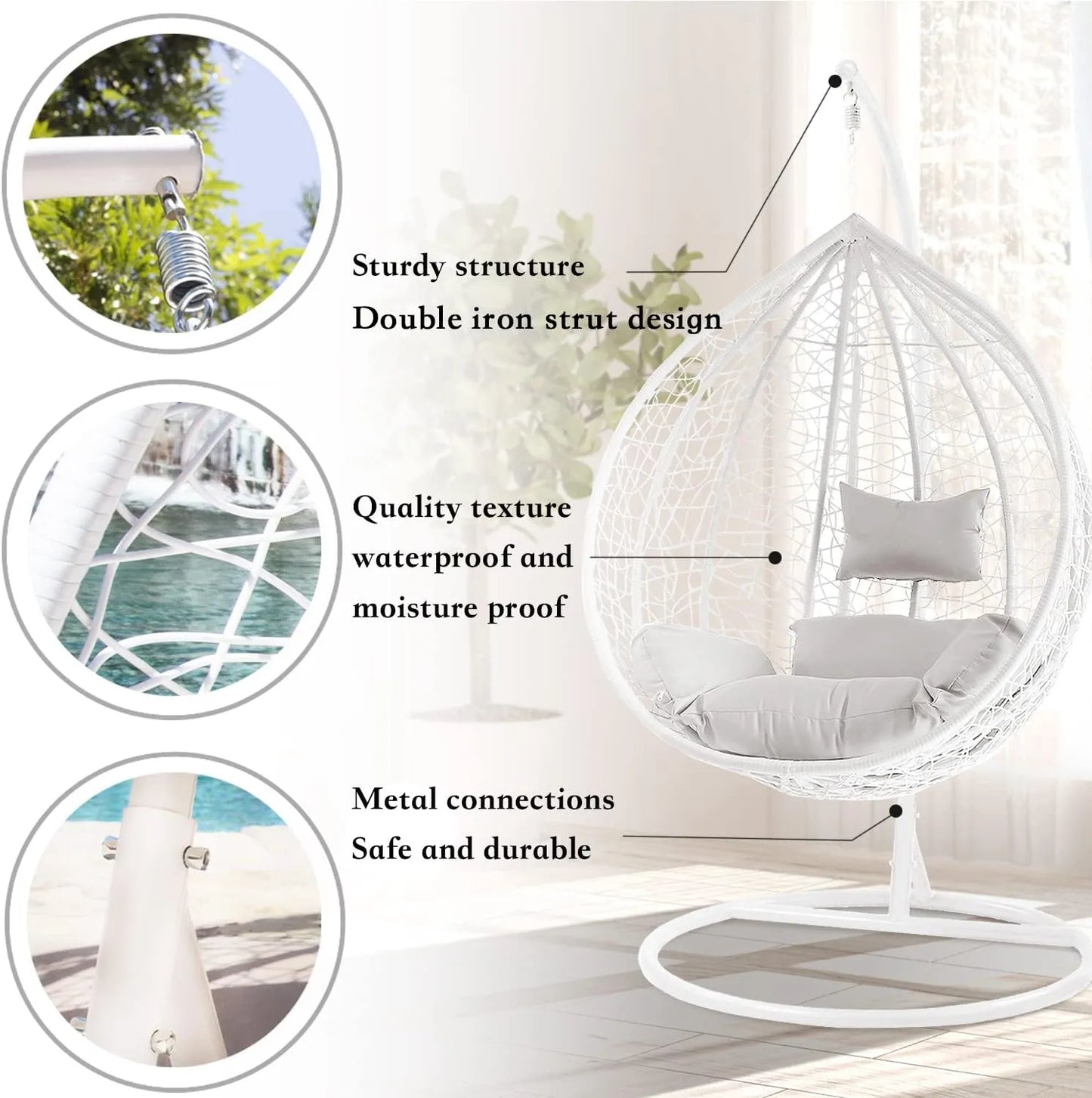 J.M.Deco Porch Swing Chair with Stand, Cushion & Pillow, Goldden Egg Rattan Wicker Swing Hanging Chair, Hammock Chair for Indoor, Outdoor, Garden, Backyard & Patio