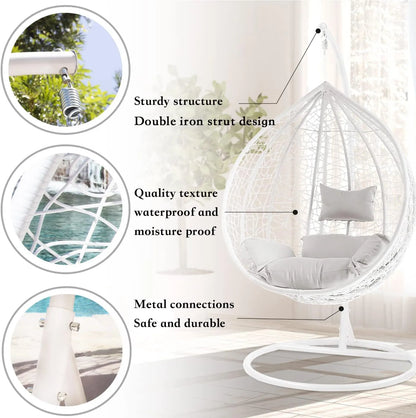 J.M.Deco Porch Swing Chair with Stand, Cushion & Pillow, Goldden Egg Rattan Wicker Swing Hanging Chair, Hammock Chair for Indoor, Outdoor, Garden, Backyard & Patio