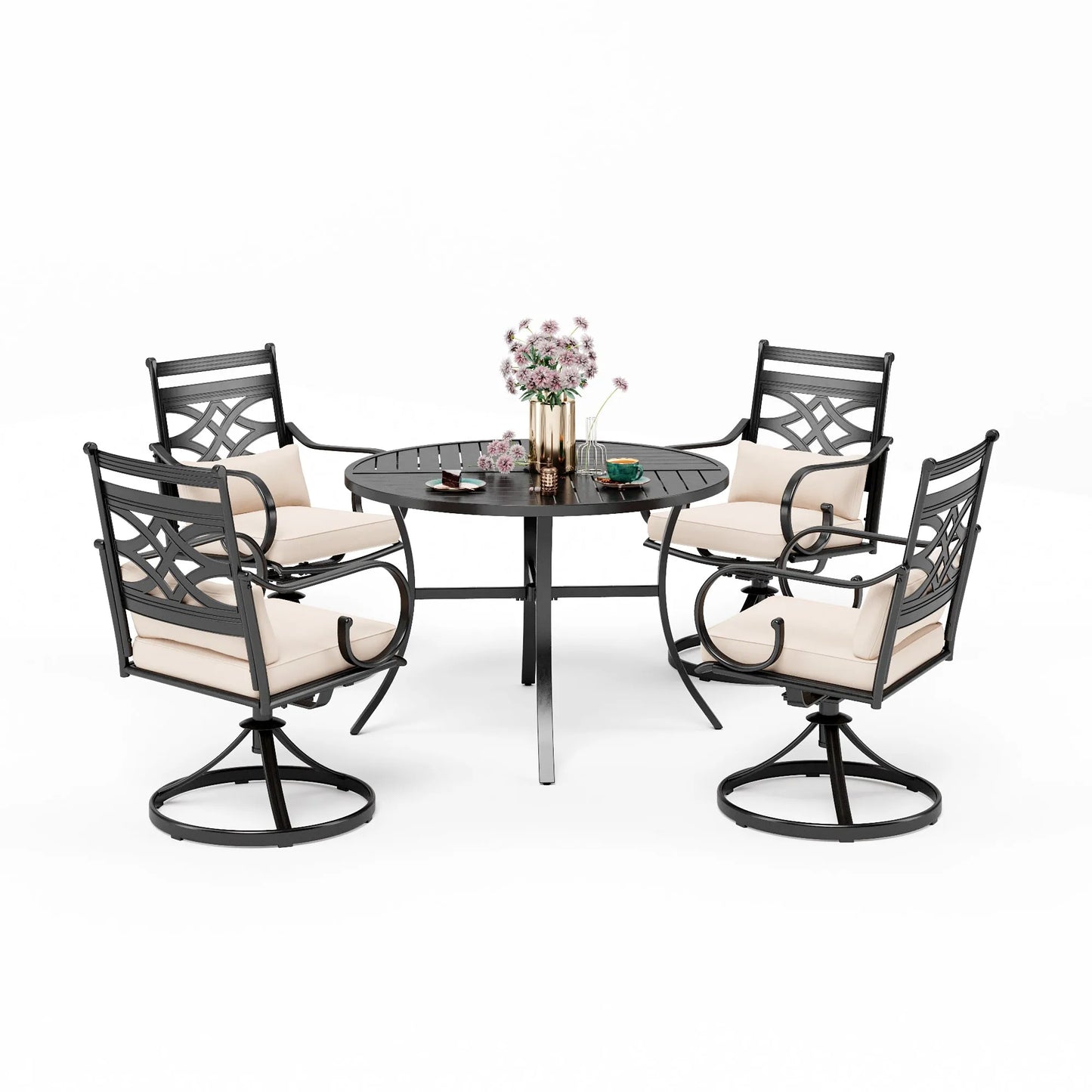 5-Piece Outdoor Dining Set 4 Swivel Steel Chairs and Square Table