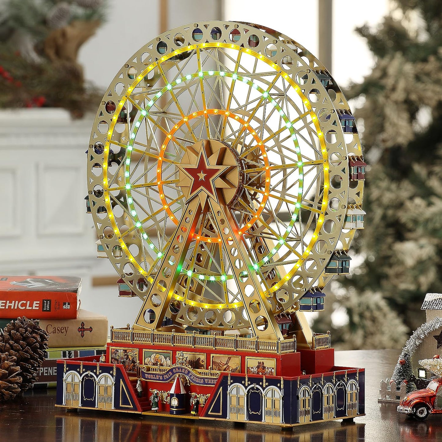 Mr. Christmas World's Fair Grand Ferris Wheel Musical Animated Indoor Christmas Decoration, 15 Inch, Gold