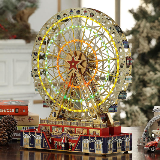 Mr. Christmas World's Fair Grand Ferris Wheel Musical Animated Indoor Christmas Decoration, 15 Inch, Gold