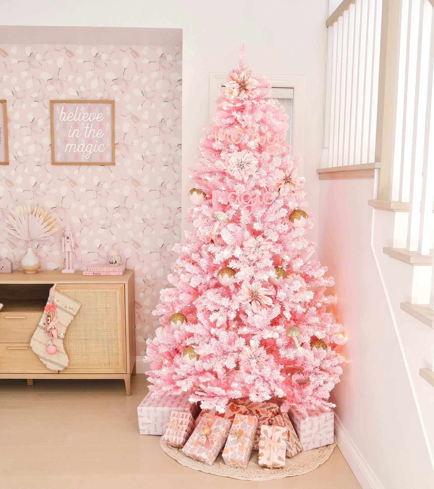 6.5' Duchess Pink Flock Artificial Christmas Tree with 500 Warm White LED Lights