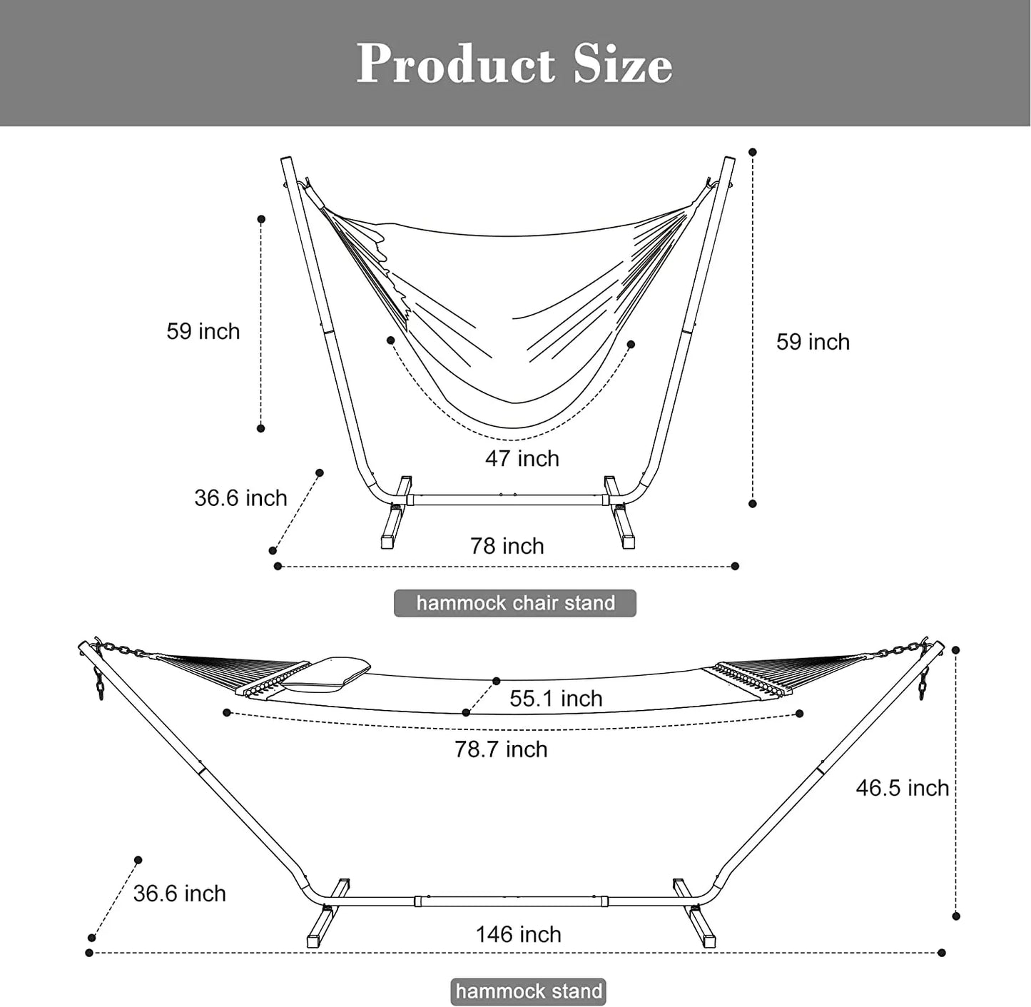 55 Inch Extra Large Double Hammock with Stand, 475lbs Capacity, Outdoor Portable Hammock with Hardwood Spreader Bar, Extra Large Pillow