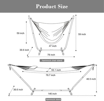 55 Inch Extra Large Double Hammock with Stand, 475lbs Capacity, Outdoor Portable Hammock with Hardwood Spreader Bar, Extra Large Pillow