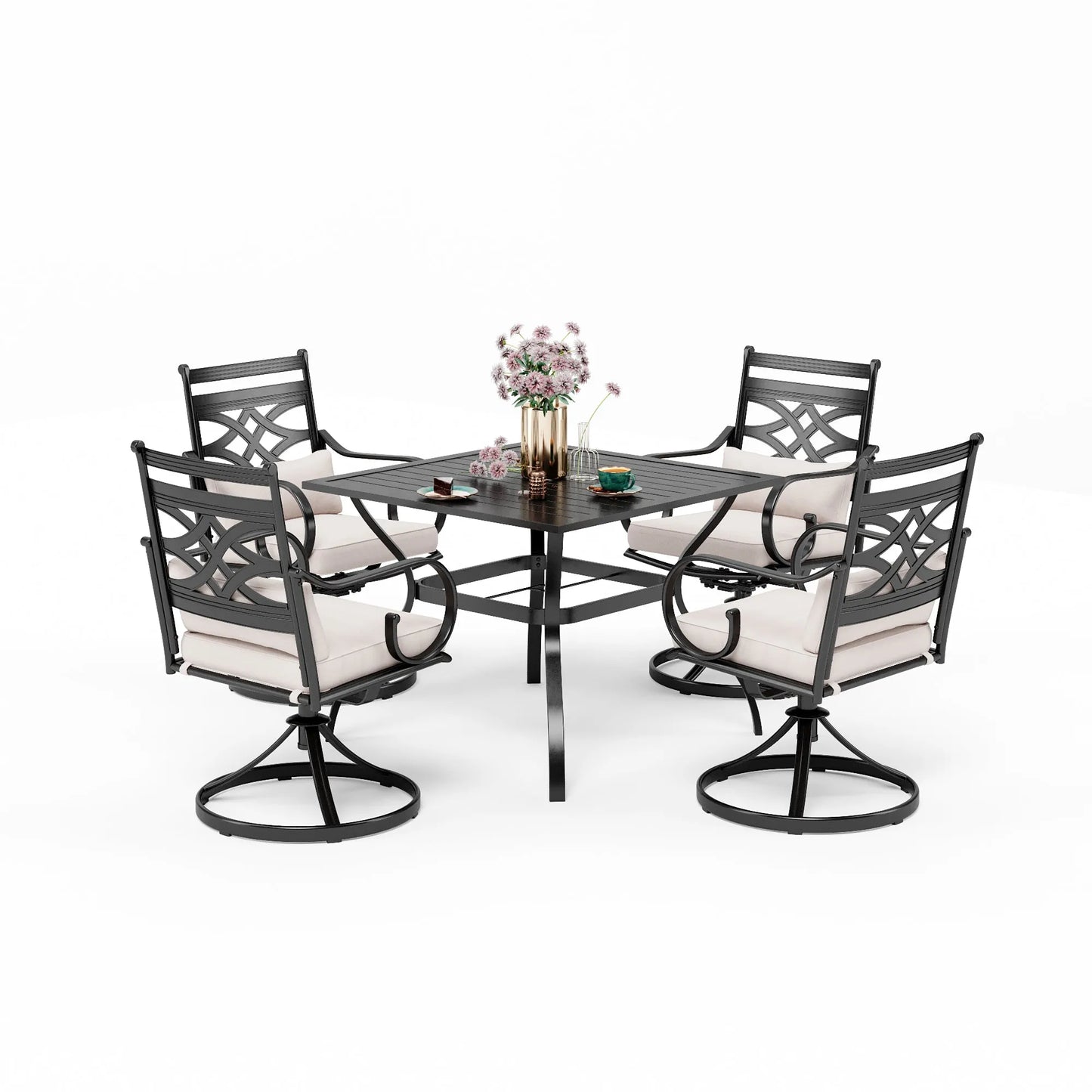 5-Piece Outdoor Dining Set 4 Swivel Steel Chairs and Square Table