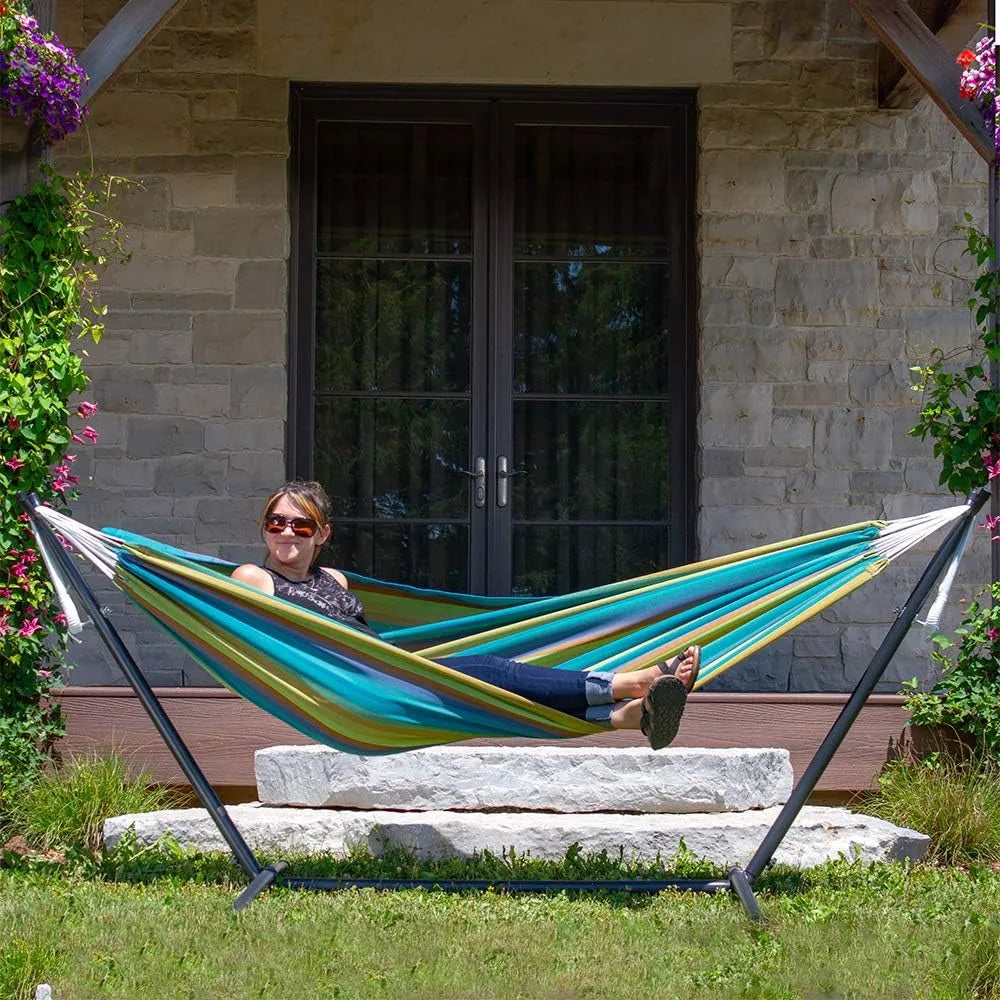 Double Cotton Hammock with Space Saving Steel Stand, Tropical (450 lb Capacity - Premium Carry Bag Included)