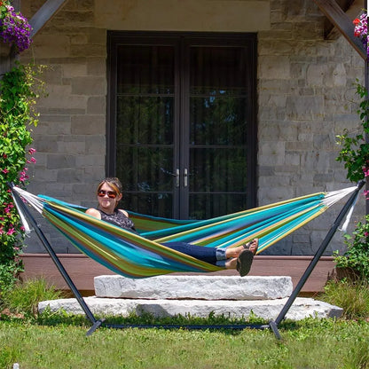Double Cotton Hammock with Space Saving Steel Stand, Tropical (450 lb Capacity - Premium Carry Bag Included)