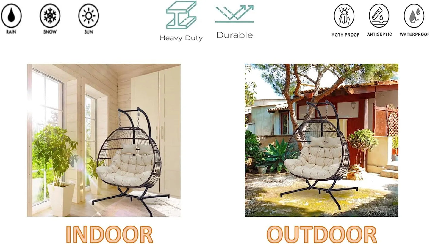 Hanging Egg Chair with Stand, 2 Person Heavy Duty Hanging Wicker Rattan Swing Chair Basket Hammock Nest Chair Seat for Indoor Outdoor Patio Lounger Swinging Loveseat (Beige)