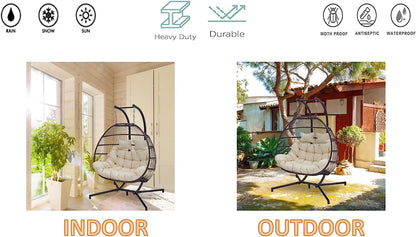 Hanging Egg Chair with Stand, 2 Person Heavy Duty Hanging Wicker Rattan Swing Chair Basket Hammock Nest Chair Seat for Indoor Outdoor Patio Lounger Swinging Loveseat (Beige)