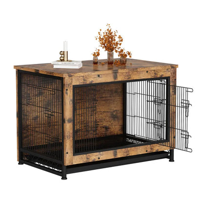 Industrial Style Rustic Brown Wooden Dog Kennel With Three Doors, Indoor Pet Furniture Dog Crate End Table