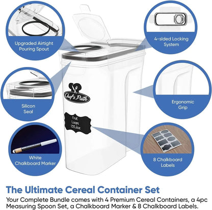 Chef's Path Cereal Containers Storage Set, Airtight Food Storage Containers, Kitchen & Pantry Organization, 8 Labels, Spoon Set & Pen, Great for Flour - BPA-Free Dispenser Keepers (135.2oz)