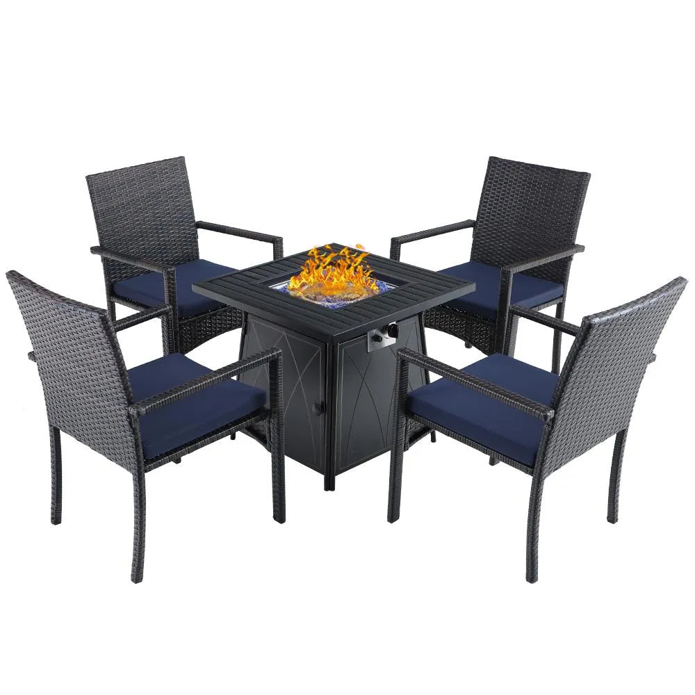5-Piece Patio Fire Pit Set Rattan Dining Chairs & 50,000BTU Square Fire Pit Table
