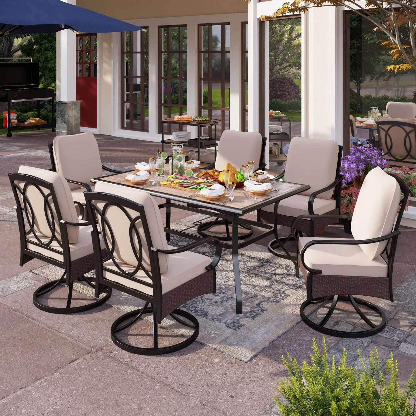 7-Piece Patio Dining Set With 6 Cushioned Steel & Rattan Chairs and Rectangle Table
