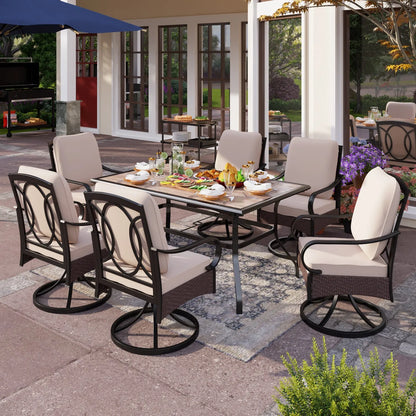 7-Piece Patio Dining Set With 6 Cushioned Steel & Rattan Chairs and Rectangle Table