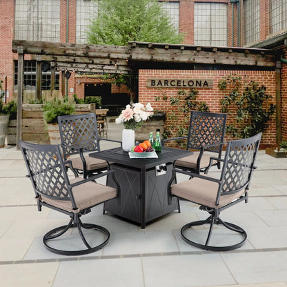 5-Piece Patio Fire Pit Set Steel Swivel Chairs With Cushions & 50,000BTU Square Fire Pit Table