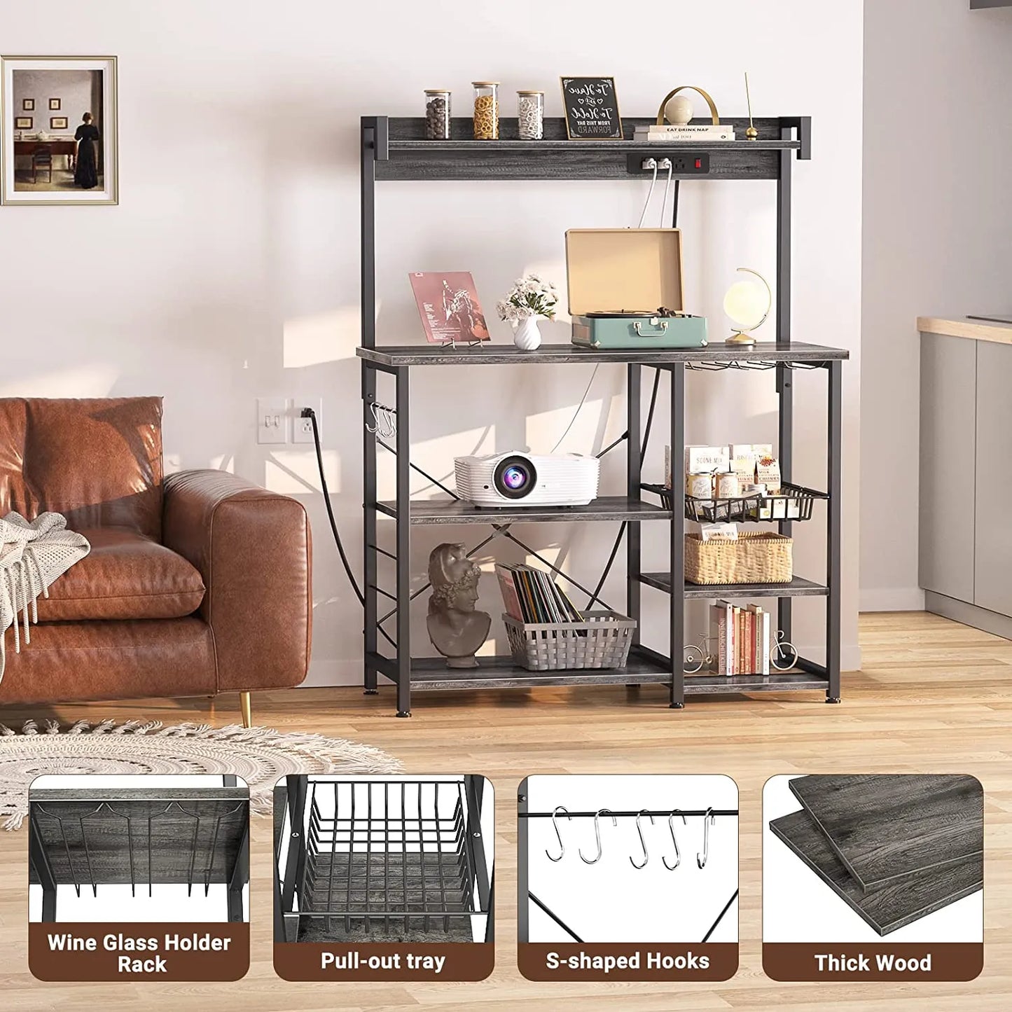 Bakers Rack with Power Outlet, Microwave Stand, Kitchen Storage Shelf with Wire Basket, Coffee Bar Station with Wine Glass Holder, 35.4" Kitchen Rack for Spices, Pots, and Pans