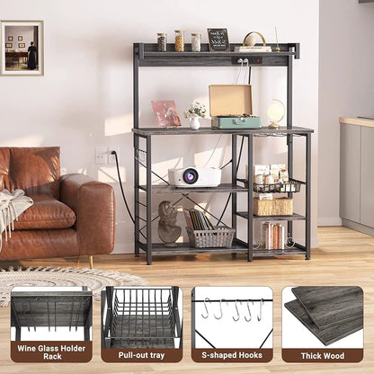 Bakers Rack with Power Outlet, Microwave Stand, Kitchen Storage Shelf with Wire Basket, Coffee Bar Station with Wine Glass Holder, 35.4" Kitchen Rack for Spices, Pots, and Pans