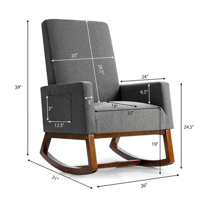 Upholstered Rocking Chair High Back Glider Rocker Chair Mid-Century Nursery Chair Modern Fabric Armchair with Wood Base