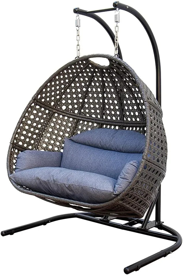 Hanging Egg Chair with Stand, 2 Person Heavy Duty Hanging Wicker Rattan Swing Chair Basket Hammock Nest Chair Seat for Indoor Outdoor Patio Lounger Swinging Loveseat (Beige)