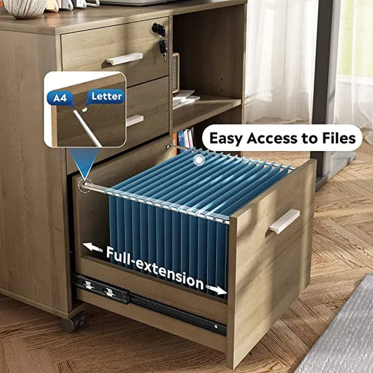 DEVAISE 3-Drawer Wood File Cabinet with Lock, Mobile Lateral Filing Cabinet, Printer Stand with Open Storage Shelves for Home Office, Black