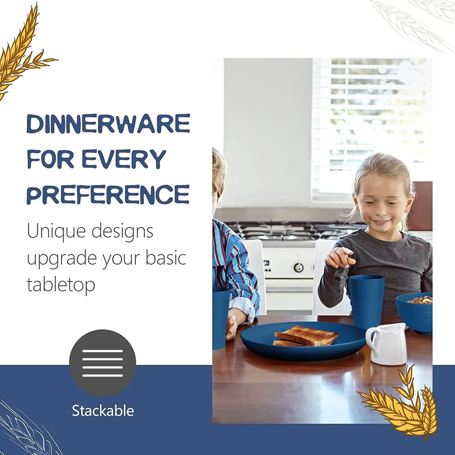 32-Piece Kitchen Wheat Straw Dinnerware Set, Service for 8, Dinner Plates, Dessert Plate, Cereal Bowls, Cups, Unbreakable Plastic Outdoor Camping Dishes, Black