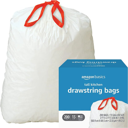 Basics Tall Kitchen Drawstring Trash Bags, 13 Gallon, Unscented, 120 Count (Previously Solimo)
