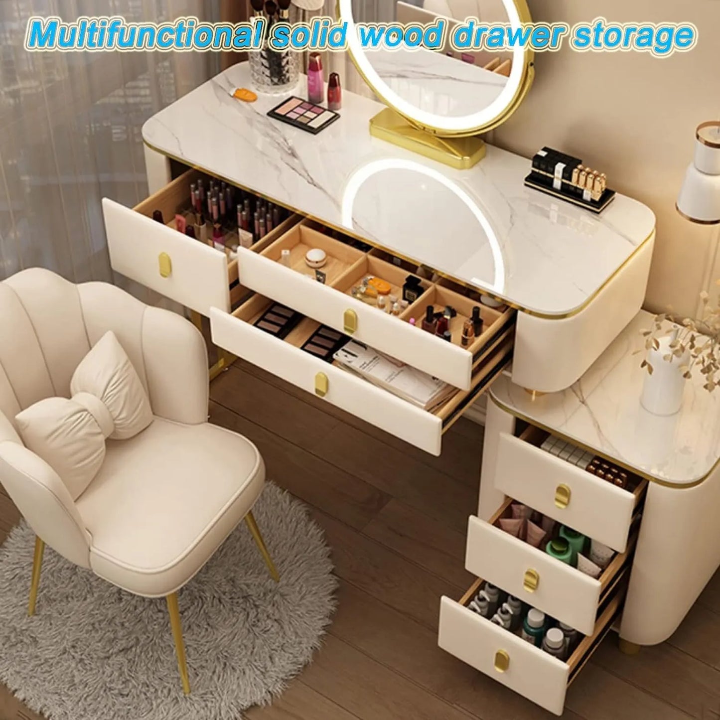 BUJOG Dressing Table with Lighted Mirror, Dressing Table with Padded Stool and 6 Drawers, Dressing Table Set with 3 Colour Lighting Modes, Storage Shelves for Girls and Women Bedrooms