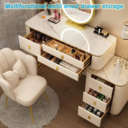 BUJOG Dressing Table with Lighted Mirror, Dressing Table with Padded Stool and 6 Drawers, Dressing Table Set with 3 Colour Lighting Modes, Storage Shelves for Girls and Women Bedrooms