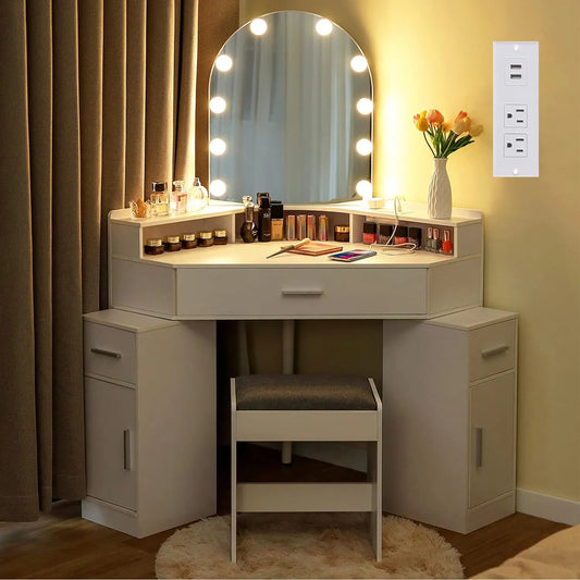 usikey Corner Vanity Desk with Mirror and Lights, Makeup Vanity Table with Charging Station, 3 Drawers & Retractable Side Cabinets, Vanity Desk with Cushioned Stool for Christmas Day, White