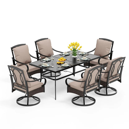 7-Piece Patio Dining Set With 6 Cushioned Steel & Rattan Chairs and Rectangle Table