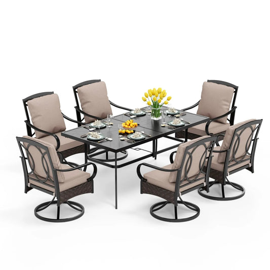 7-Piece Patio Dining Set With 6 Cushioned Steel & Rattan Chairs and Rectangle Table