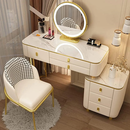 BUJOG Dressing Table with Lighted Mirror, Dressing Table with Padded Stool and 6 Drawers, Dressing Table Set with 3 Colour Lighting Modes, Storage Shelves for Girls and Women Bedrooms
