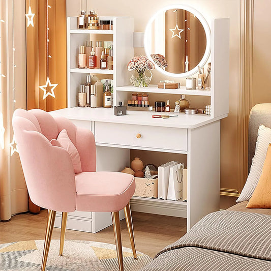 Makeup Vanity - Vanity Table with Three Adjustable Mirror Lightings, Added Storage Shelf, Multiple Chairs, Makeup Table for Bedroom