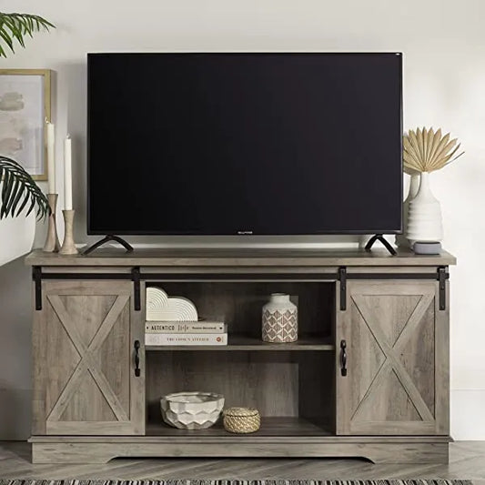 Walker Edison Richmond modern farmhouse sliding barn door TV stand for up to 52 inches, white and rustic oak white without fireplace 52 inches TV