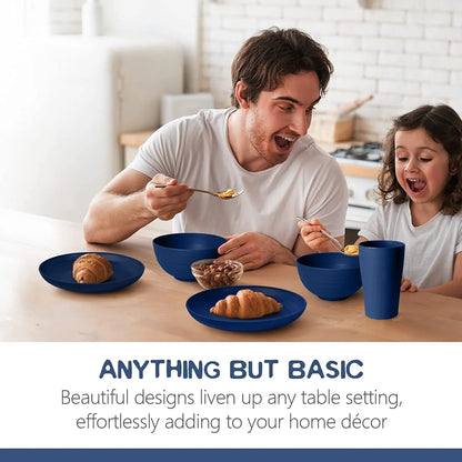 32-Piece Kitchen Wheat Straw Dinnerware Set, Service for 8, Dinner Plates, Dessert Plate, Cereal Bowls, Cups, Unbreakable Plastic Outdoor Camping Dishes, Black