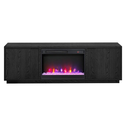 Black 70'' rectangular TV stand with a 26'' crystal fireplace, suitable for TVs up to 78 inches.