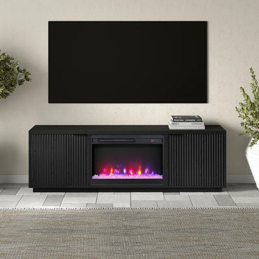 Black 70'' rectangular TV stand with a 26'' crystal fireplace, suitable for TVs up to 78 inches.